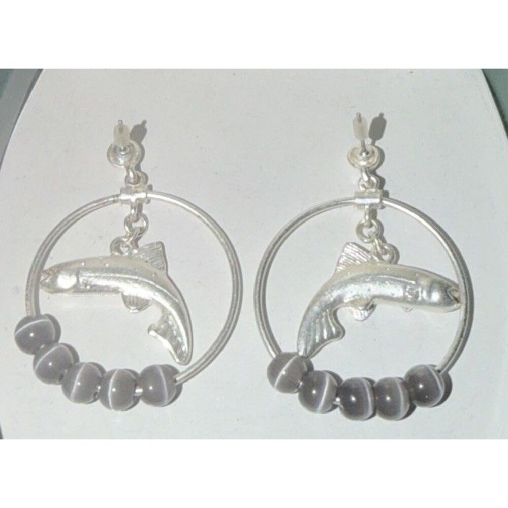 NWT Big Sky Silver Hoop With Fish Dangle Earrings Gray Beads Green Case